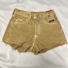 Women Levi's 501 High Rise Button Fly Jean Shorts In Beige Color (Dusty Safari Short), Size 25 Style No. 563270399 100% Cotton Denim Non-Stretch Button Fly 5-Pocket Styling Fitted Through Your Hip And Thigh High Rise Brown Cutoff Shorts For Summer, Summer Cutoff Brown Shorts, High Waist Beige Shorts With Button Closure, Vintage Short Khaki Bottoms, Vintage Khaki Short Bottoms, Beige High Waist Shorts With Button Closure, Levi's Brown Casual Bottoms, Levi's Casual Brown Bottoms, Casual Brown Levi's Bottoms