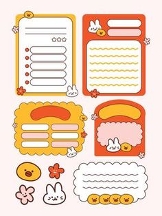 an assortment of stickers with animals and writing paper on them, including bunny ears