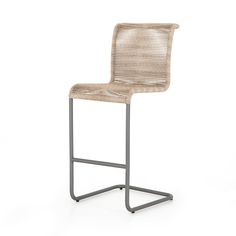 an upholstered bar stool with a metal frame and woven seat pad, viewed from the front