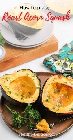 baked acorn squash on a plate with parsley