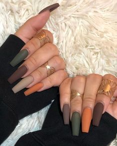 Simple Long Nails Coffin, Fall Color Gel Nail Designs, Fall Long Coffin Acrylic Nails, Fall Nail Designs Fall Nail Designs Autumn Burgundy, Autumn Nails Different Colors, Autumn Color Nails Acrylic, Acrylic Nail Designs Tips Ideas, Witchy Nails For Fall, Underside Nails Painted