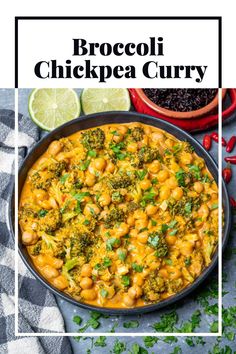 broccoli chickpea curry in a skillet with limes and cilantro