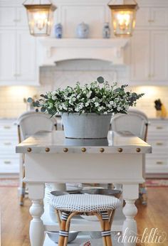 a potted plant sitting on top of a white table in a kitchen next to chairs