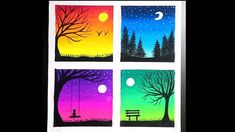 four different pictures with trees and a bench in the middle, one has a person sitting on a swing at night