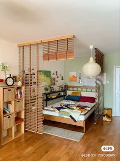 a bedroom with a bed, bookshelf and wooden shelves on the wall next to it