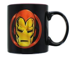 a black mug with an iron man face on it