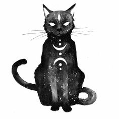 a black cat sitting on top of a white floor next to a star filled sky