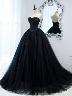 Black Tulle Prom Dress, Black Wedding Dress Gothic, Tulle Long Prom Dress, Prom Dress Black, Black Evening Gown, Gothic Wedding Dress, Black Prom, Custom Size Dresses, A Line Prom Dresses