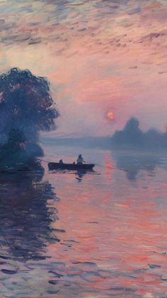 a painting of a man in a boat on the water at sunset with fog and clouds