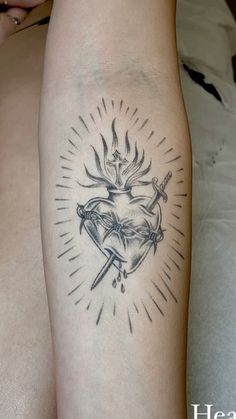 Sacred Heart Art Tattoo, The Sacred Heart Tattoo, Joan Of Arc Tat, Saint Tattoo Female, Mexican Sacred Heart Tattoo, Corazon Sagrado Tattoo, Tattoo For God, Monstrance Tattoo