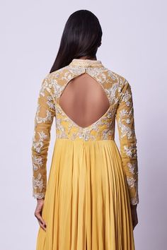 Yellow padded anarkali featuring sheer cut-out bodice yoke highlighted with sequin work and floral zari embroidery. - Aza Fashions Kavitha Gutta, Anarkali Patterns, Zari Embroidery, Band Collar, Anarkali, Aza Fashion, Bodice, Types Of Sleeves, Custom Made