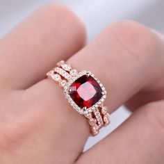 Garnet Ring Set 8mm Cushion Cut Garnet Engagement Ring Rose image 4 Sterling Silver Wedding Rings Sets, Rings Emerald, Custom Diamond Rings, Garnet Engagement Ring, Diamond Wedding Rings Sets, Ruby Engagement Ring, Ruby Pendant, Red Diamond, Emerald Engagement