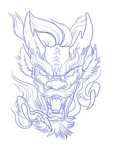 a drawing of a dragon head with long horns and large fangs on it's face