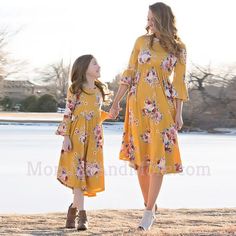 Mommy and Me Matching Yellow Floral Maxi Dresses Spring Floral Print Bell Sleeve Dresses, Spring Floral Print Dress With Bell Sleeves, Spring Bell Sleeve Floral Print Dress, Pink Family Matching Dresses For Spring, Pink Matching Dresses For Spring, Spring Fashion Dresses, Pink Floral Maxi Dress, Mother Daughter Dress, Mommy And Me Dresses