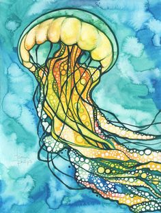 a painting of a jellyfish floating in the ocean