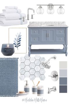 Blue bathroom decor inspiration Grey Blue Vanity Bathroom, Blue Glam Bathroom, Grand Melinnial Bathroom, Small Bathroom Ideas Light Blue, Half Bathroom Ideas Blue Vanity, Guest Bathroom Ideas Coastal, Pretty Blue Bathrooms, Blue And White Cottage Bathroom, Ensuite Bathroom Ideas Blue