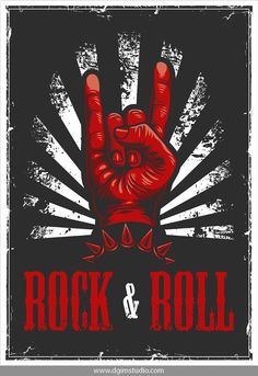 a rock and roll sign with the word rock and roll written in red on it