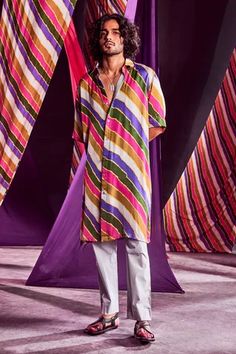 Shop for Punit Balana Multi Color Satin Silk Stripe Print Shirt Kurta And Pant Set for Men Online at Aza Fashions Punit Balana, Silk Pant, Kurta With Pants, Silk Pants, Satin Silk, Pant Set, Pink Shirt, Purple Grey, Long Shirt