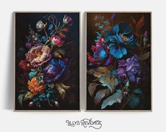 two paintings with flowers on them are shown in the same frame, one is black and the other is blue