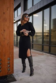 Boots Outfit Fall, Black Knee High Boots Outfit, Tall Boots Outfit, Knitted Dress Outfit, Knee High Boots Dress, Knee Boots Outfit, Black Boots Outfit, Winter Boots Outfits, Fall Sweater Dress