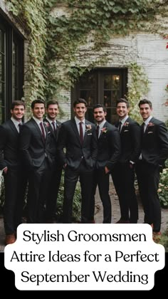 A group of groomsmen wearing stylish suits for a September wedding, showcasing a mix of classic and modern attire ideas. Fall Wedding Attire For Groom, Best Groomsmen Outfits, Charcoal Groomsmen Suits Color Schemes, Black Suit Wedding Groomsmen Color Schemes, Charcoal Wedding Suit Groom Attire, Black Tux With Brown Shoes, Halloween Groomsmen Attire, Casual Wedding Groomsmen, Fall Wedding Suit Colors