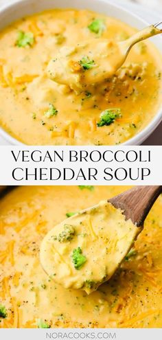 broccoli cheddar soup in a white bowl with a wooden spoon and text overlay that reads vegan broccoli cheddar soup