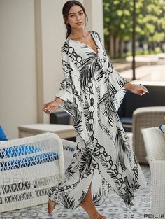 Peilia - Womens Plus Size Casual Cover Up Dress with Leaf Print Bat Sleeves, V-Neck and Slight Stretch White Summer V-neck Dress For Beach, White Maxi-length V-neck Beach Dress, White Maxi V-neck Dress For Beach, V-neck Maxi Dress For Beach Season, White V-neck Maxi Dress For Beach, White Long Sleeve V-neck Beach Dress, White V-neck Maxi Dress For Beach Season, Printed V-neck Beachwear Maxi Dress, Printed V-neck Maxi Dress For Beach Season