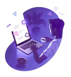 a person sitting in front of a laptop computer on top of a purple table next to a coffee cup