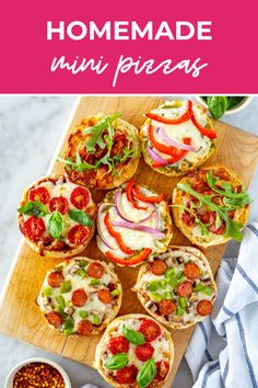 mini pizzas on a cutting board with the title overlay that reads homemade mini pizzas