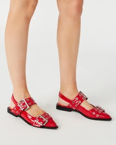 GRAYA Red Patent Slingback Flat | Women's Flats – Steve Madden Steve Madden Outfit, Summer Work Wardrobe, Steve Madden Store, Red Flats, Buckled Flats, Slingback Flats, Leather Socks, Madden Girl Shoes, Foot Jewelry