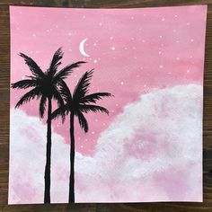 a painting of two palm trees against a pink sky