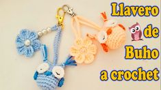 crochet keychain with flowers and an owl hanging from it's side