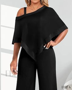 Ebeek - Asymmetrical Cold Shoulder Top & Wide Leg Pants Set Chic Asymmetrical Hem Pants, Chic Asymmetrical Pants For Party, Chic Pants With Asymmetrical Hem, Chic Asymmetrical Party Pants, Chic Asymmetrical Black Pants, Chic Black Asymmetrical Pants, Chic Asymmetrical Summer Pants, Asymmetrical Stretch Summer Pants, Chic Asymmetrical Stretch Pants