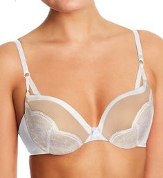 You'll love the look this cute push-up bra gives you! Designed with Wonderbra for a natural lift. Made of nylon and spandex. Contour, underwire cup has crescent-shaped, medium graduated push-up padding to give your bust youthful lift. Darted lace cup overlay on contrast microfiber gives a more contemporary feel. Plunge neckline shows off cleavage and works well with low-cut fashions. Bandless front is less bulky for short-waisted women. Center - triangle panel with velvet bow. Sides and back are Fitted Low-cut Nursing Bra With Padded Cups, Low-cut Nylon Bra With Built-in Support, Contoured Underwire Bra With Removable Pads, White Underwire Nursing Bra With Removable Cups, White Nursing Bra With Removable Cups And Underwire, Fitted Push-up Nursing Bra Partially Lined, Contoured Full Cup Bra With Padded Cups, Contoured Full Coverage Padded Bra, Elegant Contoured Push-up Bra