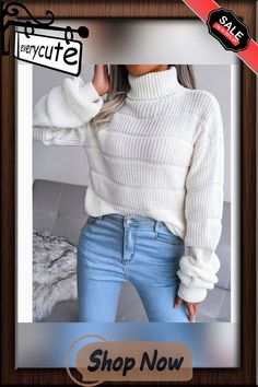 White High Collar Long Sleeve Knit Sweater White Knit Sweater For Winter, White Chunky Knit Turtleneck For Winter, White Acrylic Sweater For Winter, Winter White Ribbed Sweater For Winter, Winter White Ribbed Sweater, White Ribbed Acrylic Sweater, White Knitted Long Sleeve Turtleneck, White Knit Turtleneck Outerwear, White Knitted Turtleneck For Winter