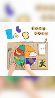 a child's hand is holding up a plate with food on it and the words food sont above it