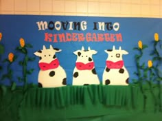 a bulletin board with three cows in the middle and words moving into kinder garden