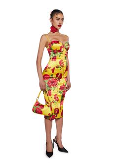 cuz it’s gonna be a memorable summer. This handbag has a satin construction, an all over floral print, O-ring hardware, interior pockets, and a top zipper closure. Italian Night, Sugar Thrillz, Yellow Midi Dress, Pride Outfit, Fitting Dress, Romantic Getaway, Form Fitting Dress, Satin Midi Dress, Bottom Clothes