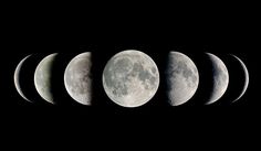 four phases of the moon are shown in black and white, as well as an image of