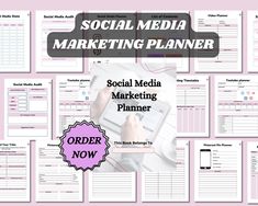 the social media marketing planner is displayed on top of a pink background with other items