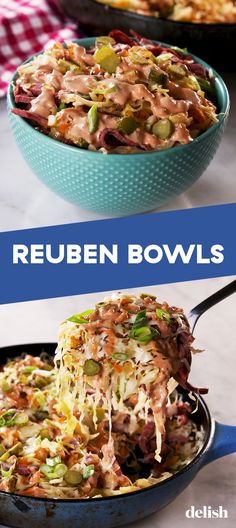 two bowls filled with different types of food and the words reuben bowls written below them