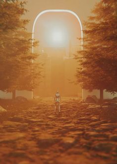 an astronaut standing in the middle of a dirt road with trees on both sides and light coming from behind