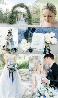 a collage of photos showing the bride and groom's wedding attire, flowers, and decorations