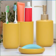 PRICES MAY VARY. Ceramic VERSATILE BATHROOM SET: Experience the convenience and organization with this all-inclusive ceramics bathroom set. The set features a yellow soap dispenser bathroom set, toothbrush holder, soap dish, and tumbler cup, perfect for any bathroom sink set STYLISH CERAMIC DESIGN: Elevate your bathroom decor with this ceramics bathroom accessories set. The sleek and modern design, along with the glazed finish, adds a touch of sophistication and elegance to your bathroom vanity Yellow Bathroom Accessories, Bathroom Vanity Accessories, Ceramic Bathroom Accessories, Ceramics Bathroom, Soap Dispenser Bathroom, Yellow Shower Curtains, Ruffle Shower Curtains, Smart Tiles, Bathroom Accessories Set