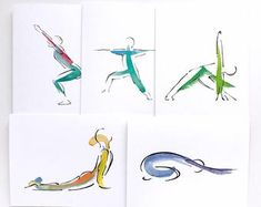 four different colored drawings of people doing yoga