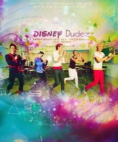 the cast of disney's dance is posing in front of an artistic background with colorful lights