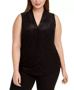 V-neck|Textured leopard print|Shell; nylon/polyester/spandex; lining; polyester|Hand wash|Imported Sleeveless V Neck Blouse, Top Calvin Klein, Calvin Klein Top, Plus Size Suits, Plus Size Designers, Leopard Print Top, Wear To Work, Plus Size Top, Work Tops