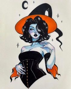 a drawing of a woman wearing a witches hat