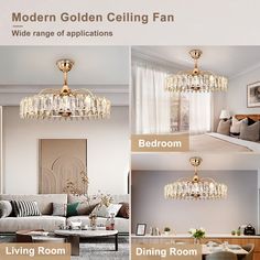 modern golden ceiling fan with crystal chandelier for living room, dining room and bedroom