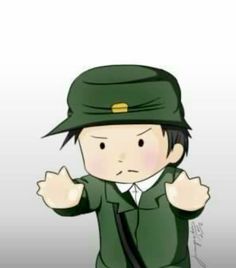 a drawing of a boy in a green uniform with his hands on his hips and one hand up